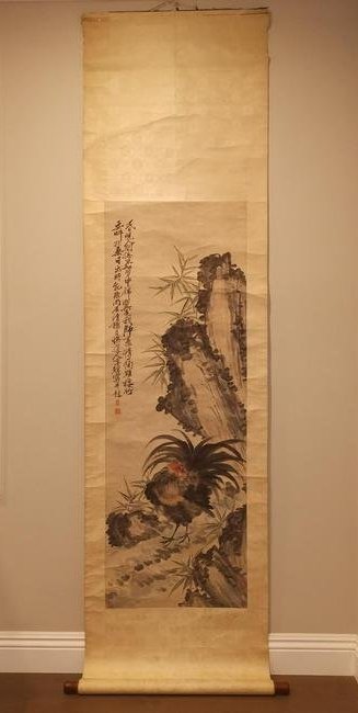 ROOSTER MOUNTAIN ROCK PAINTING SCROLL LI SHAN KUAN: ROOSTER MOUNTAIN ROCK PAINTING SCROLL LI SHAN KUAN. SIGHT 18 1/4 X 52 INCHES.