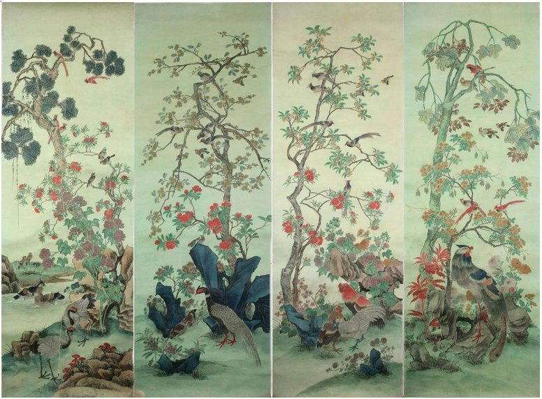 FOUR CHINESE EXPORT WATERCOLOR PAINTING WALLPAPER PANELS 18TH C. (1 of 5)