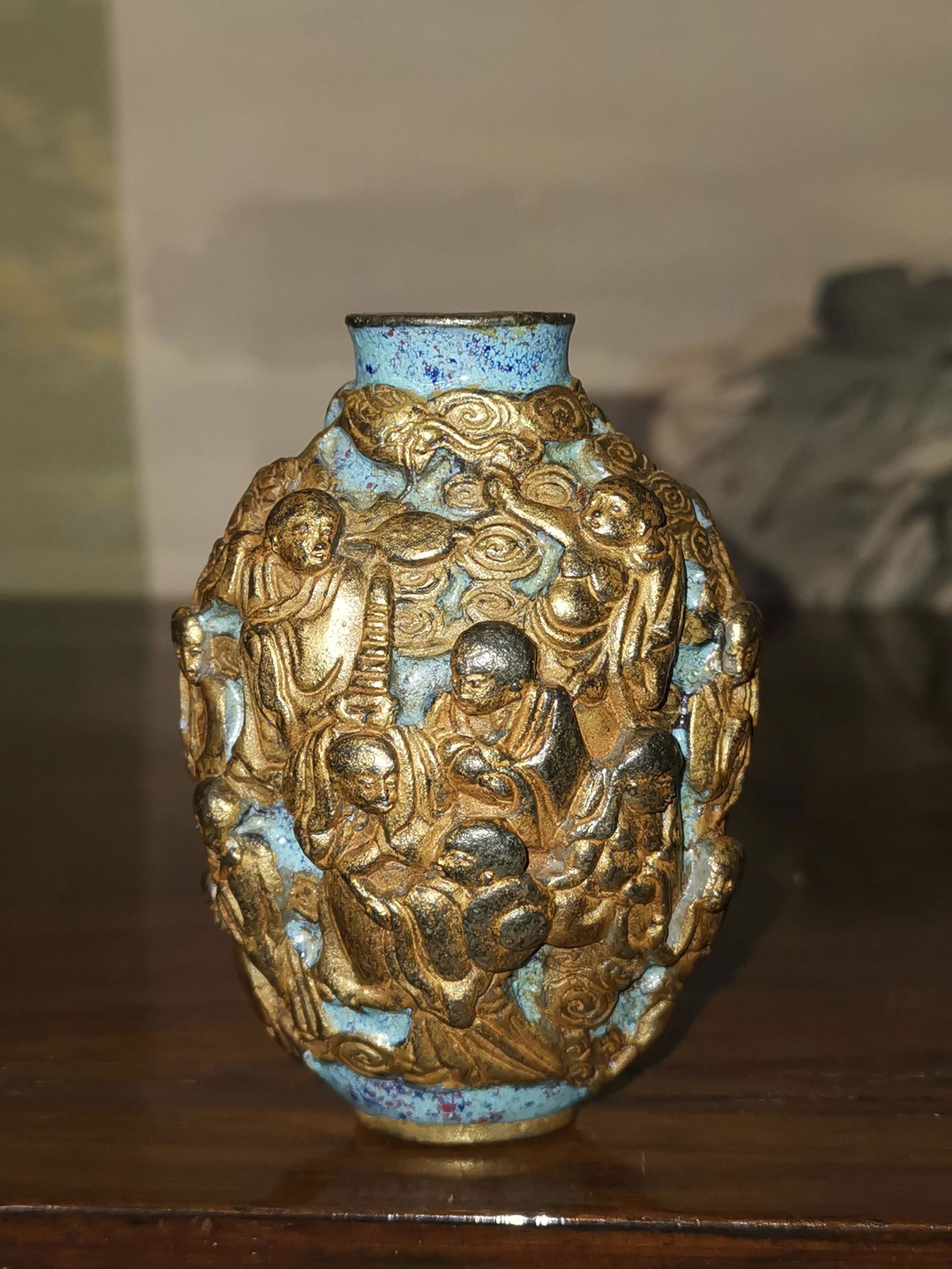 19TH C. COPPER GLAZE RELIEF SNUFF BOTTLE 18 ARHATS (1 of 6)