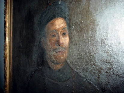 Huge China Trade Oil Painting: O/C CHINA TRADE PAINTING LIFE SIZE PORTRAIT CHINESE ROYALTY FIGURE SIGNED WITH CHINESE CHARACTERS IN THE UPPER LEFT IN RED, HOUSED IN IT'S LATER ORIG. FRAME, THIS PAINTING HAS BEEN IN STORAGE SINCE 19