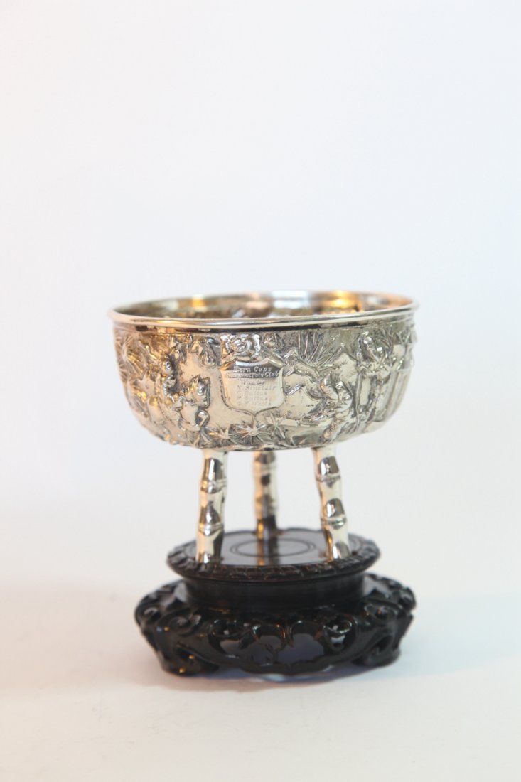 Chinese silver trophies cup  on wood stand (1 of 8)