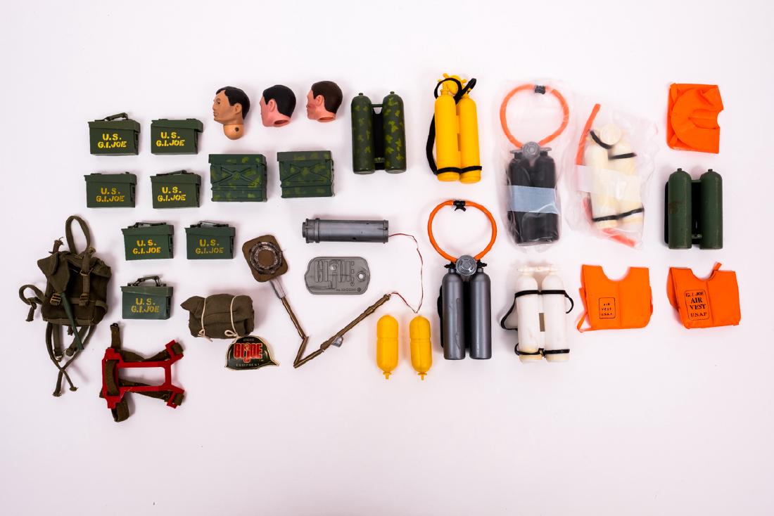 Large Lot of Vintage G.I. Joe Accessories: DESCRIPTION: Large lot of G.I. Joe accessories including scuba tanks, ammunition boxes, life vests, and firearms. CONDITION: All with playwear. See photos.