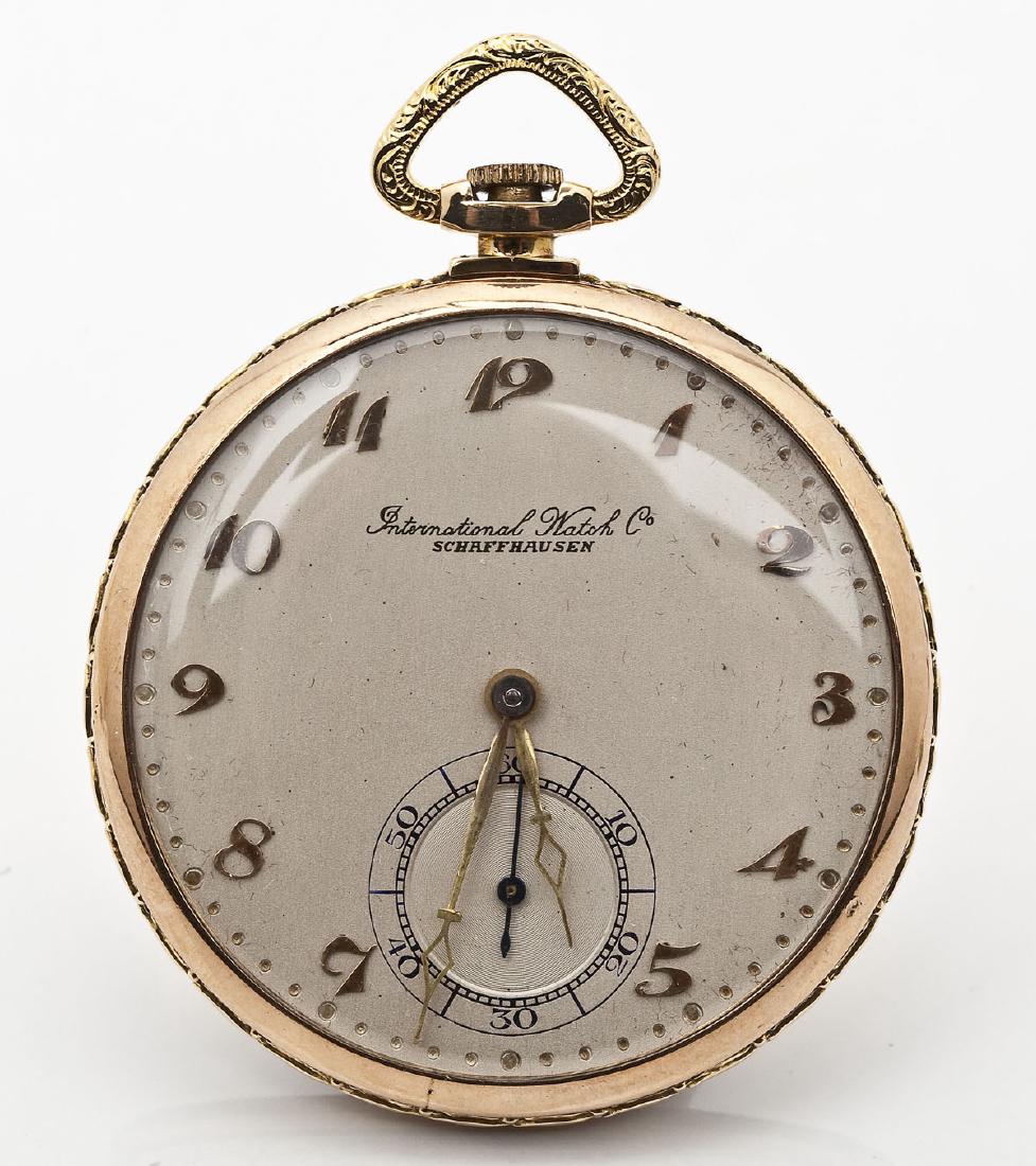 14K International Watch Co. 19J Pocket Watch: DESCRIPTION: International Watch Co. pocket watch. Open face, stem wound, pendant set. Silvered dial with subsidiary seconds marked "International Watch Co Schaffhausen". Movement marked "Internationa
