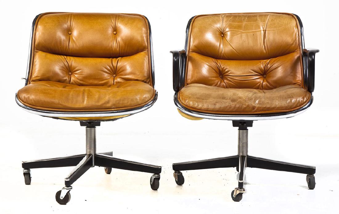 Pair of Charles Pollock for Knoll Office Chairs: DESCRIPTION: Pair of Charles Pollock for Knoll office chairs, one arm and one side. Brown vinyl upholstery. MEASUREMENTS: Each 26" x 27" x 31" high. CONDITION: Wear and fading to vinyl. One with more