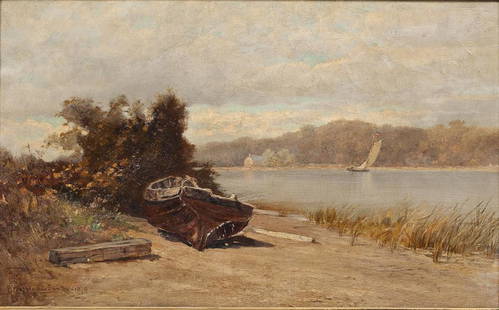 Francis Hopkinson Smith (American, 1838-1915): DESCRIPTION: Francis Hopkinson Smith (American, 1838-1915). Oil on canvas entitled "Cold Spring Harbor, LI" (Long Island, New York). Signed and dated "1879" to lower left. In ornate gesso and wood fra