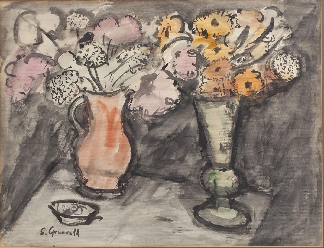 Samuel Grunvald (American, 1893-1983): DESCRIPTION: Samuel Grunvald (American, 1893-1983). Watercolor on paper of flowers in vases on a table. Signed "S. Grunvald" to lower left. In gilt wood frame. MEASUREMENTS: 16-1/2" x 21-1/2". Overall