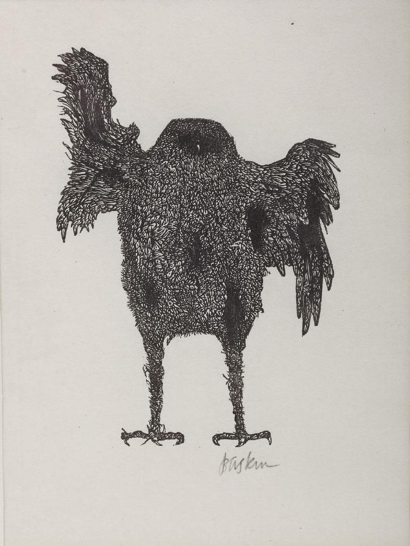 Leonard Baskin (American, 1922-2000): DESCRIPTION: Leonard Baskin (American, 1922-2000). Print on paper entitled "The Owl that Calls Upon the Night Speaks the Unbeliever's Fright" from William Blake's "The Auguries of Innocence". Pencil s