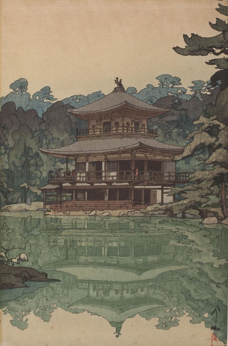 Yoshida Hiroshi (Japanese, 1876-1950): DESCRIPTION: Yoshida Hiroshi (Japanese, 1876-1950). Woodblock print on paper entitled "Kinkaku" or "Golden Pavillion". Signed in lower right corner. In gilt wooden frame with off-white matboard. MEASU