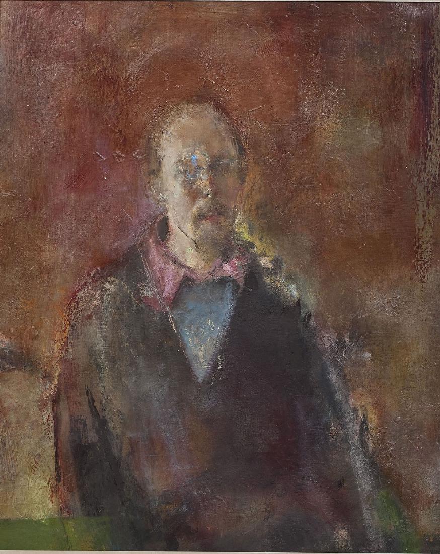 Noah Saterstrom (American, 21st Century): DESCRIPTION: Noah Saterstrom (American, 21st century). Oil on canvas entitled "Self Portrait". In gold gilt frame with cream parchment matboard. MEASUREMENTS: 21" x 16-1/2". Overall with frame 34" wea