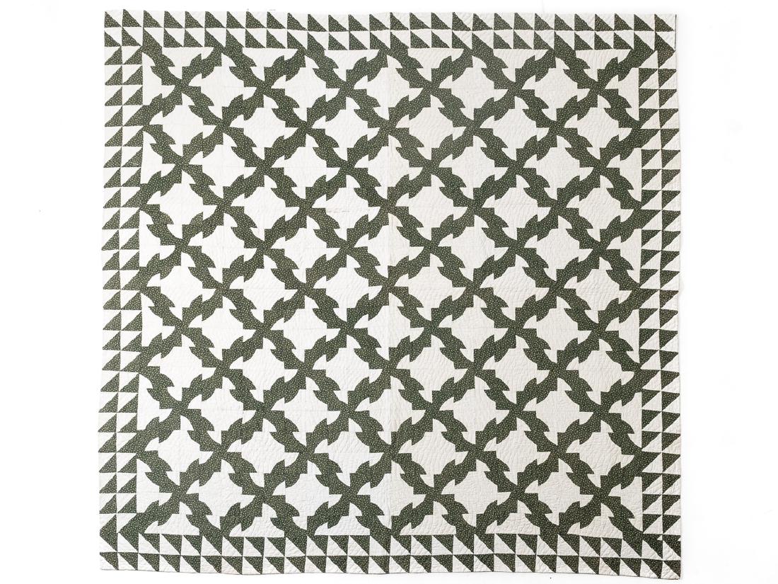 Green & White Quilt: DESCRIPTION: Handquilted green and white quilt. MEASUREMENTS: 77" x 78". CONDITION: Minor uniform toning. Green fabric vibrant.