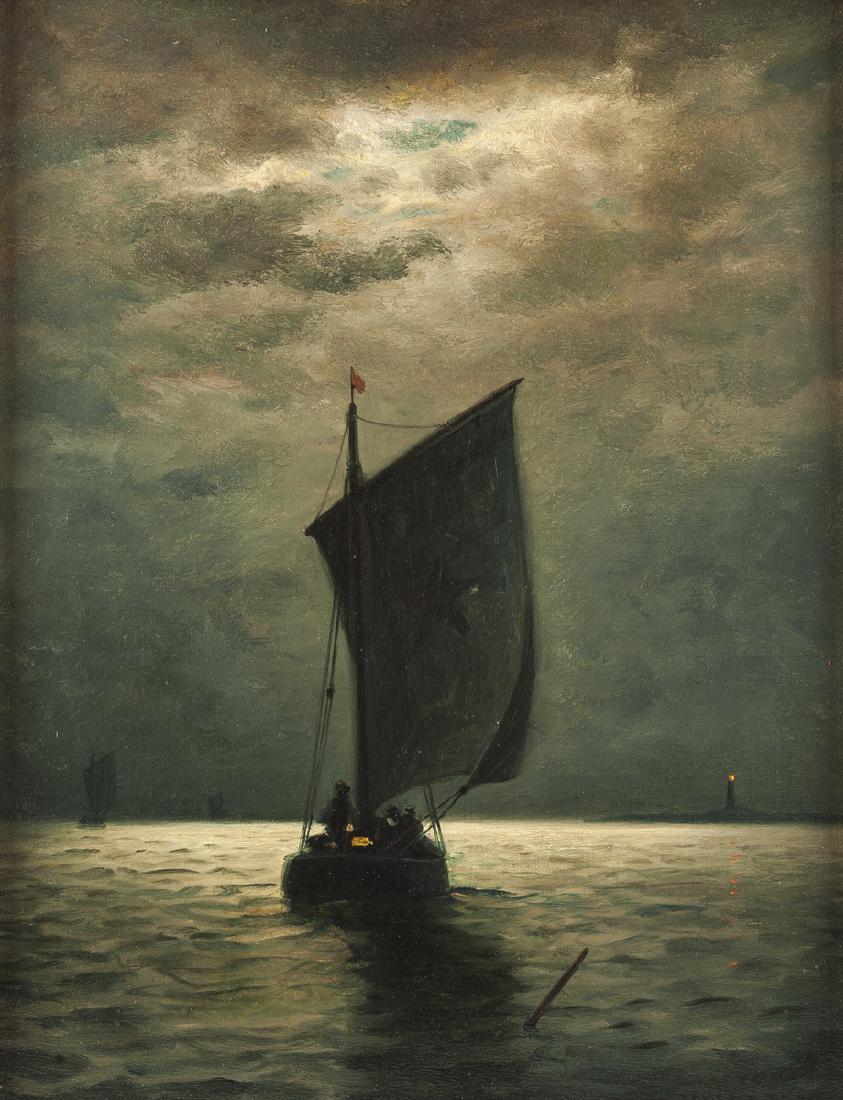 James Gale Tyler (American, 1855-1931): DESCRIPTION: James Gale Tyler (American, 1855-1931). Oil on canvas. Night Fishing. Signed lower left "James G. Tyler". In new wood frame. MEASUREMENTS: 18" x 14". Overall with frame 21-3/4" x 17-1/2".