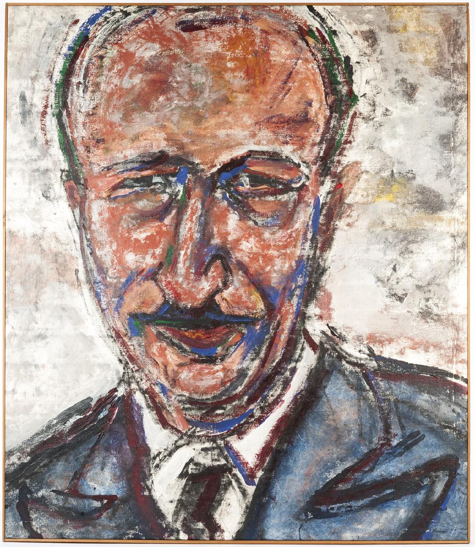 Chris Pelletiere (American, 20th Century): DESCRIPTION: Chris Pelletiere (American, 20th Century). Oil on canvas. Portrait of a man in a suit. Unsigned. In simple wood frame. Chris Pelletiere is a Brooklyn-born painter, collage artist, illustr