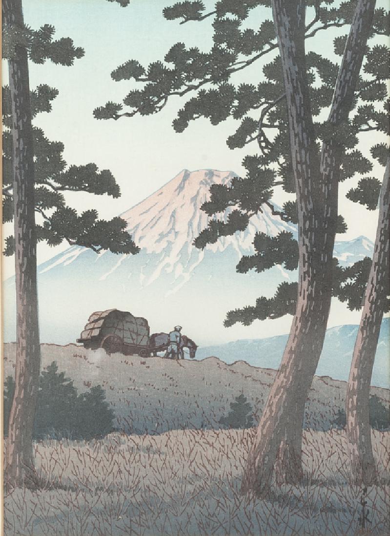 Kawase Hasui (Japanese, 1883-1957): DESCRIPTION: Kawase Hasui (Japanese, 1883-1957). Oban woodblock print on paper. "Evening at Tagonoura" from the Fuji Series. Circa 1940. Matted in black painted frame. MEASUREMENTS: 13" x 9-1/4". Over