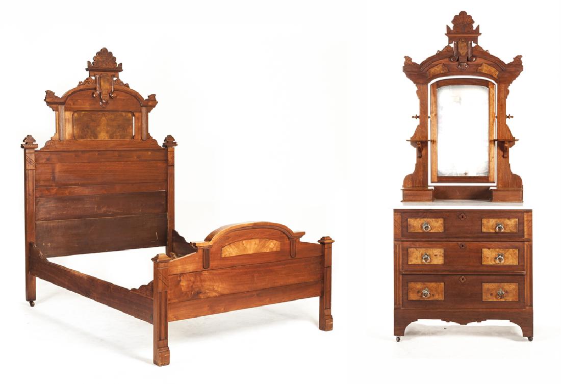 Victorian 2 Pc Bedroom Set: DESCRIPTION: Victorian two piece bedroom set. Includes a 3/4 bed and a four drawer marble top dresser with mirror. MEASUREMENTS: Headboard 58-3/4" wide x 84" high. Dresser 36-1/2" x 18" x 34-1/2". Mir