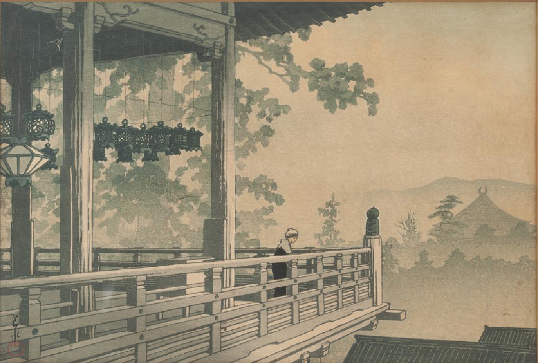 Kawase Hasui (Japanese, 1883-1957): DESCRIPTION: Kawase Hasui (Japanese, 1883-1957). Oban woodblock print on paper. "Nigatsu-do Hall in Nara" from the series Collected Views of Japan II. Circa 1934. Matted in black painted frame. MEASUR