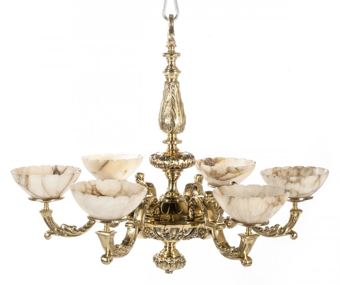 Large Brass & Alabaster 6 Arm Chandelier (1 of 1)