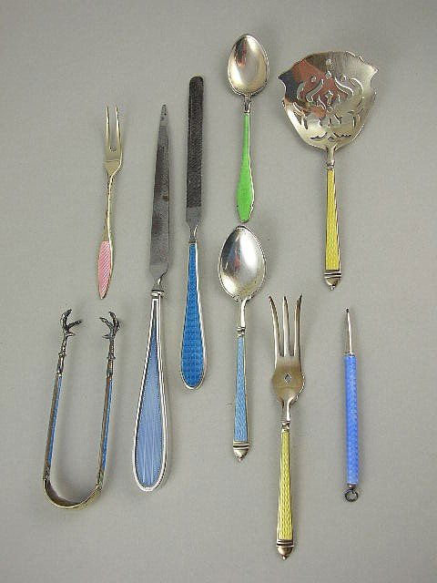 9 Pcs Blue Enameled Pencil/Nail Files: Nine small pieces of enamel articles. Includes 3-3/4" green demitasse spoon, 4-1/4" blue with white beading demitasse spoon, 4" two prong fork pink, 4-1/2" yellow three prong fork, 4-1/2" yellow nut s