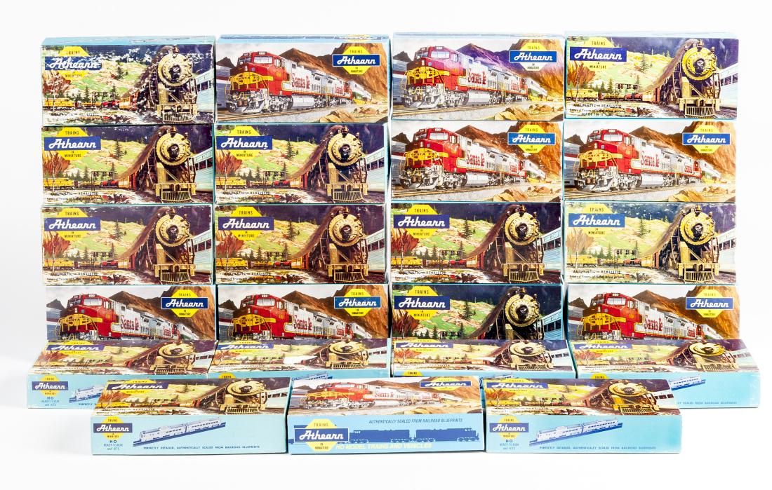 23 Athearn Cars in OBs: DESCRIPTION: Twenty-three Athearn cars in original boxes. Includes 5403 hopper, 3001 F7A Santa Fe locomotive, 3002 F7B Santa Fe locomotive, 326 Lehigh Valley 40' map boxcar, 842 Canadian Pacific 50' p