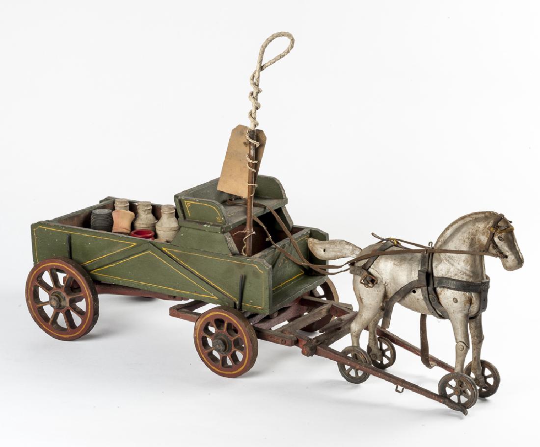 Antique Folk Art Wagon w/ Pressed Steel Horse (1 of 6)