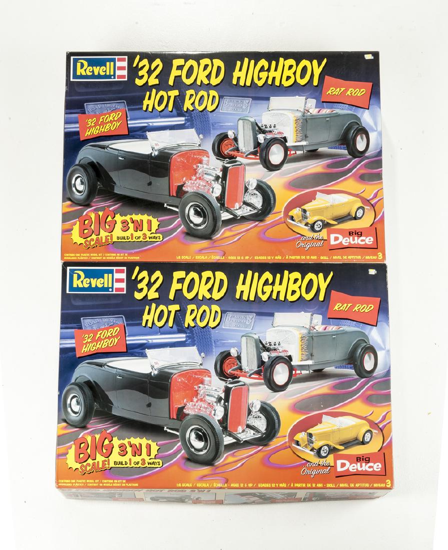 2 Revell 1:8 '32 Ford Highboy 3 in 1 Models: DESCRIPTION: Two Revell 1:8 scale '32 Ford Highboy Hot Rod 3 in 1 models 85-2626. MEASUREMENTS: Each box 29" x 21" x 5-1/2". CONDITION: Each unassembled in original boxes. One factory sealed. Boxes wi