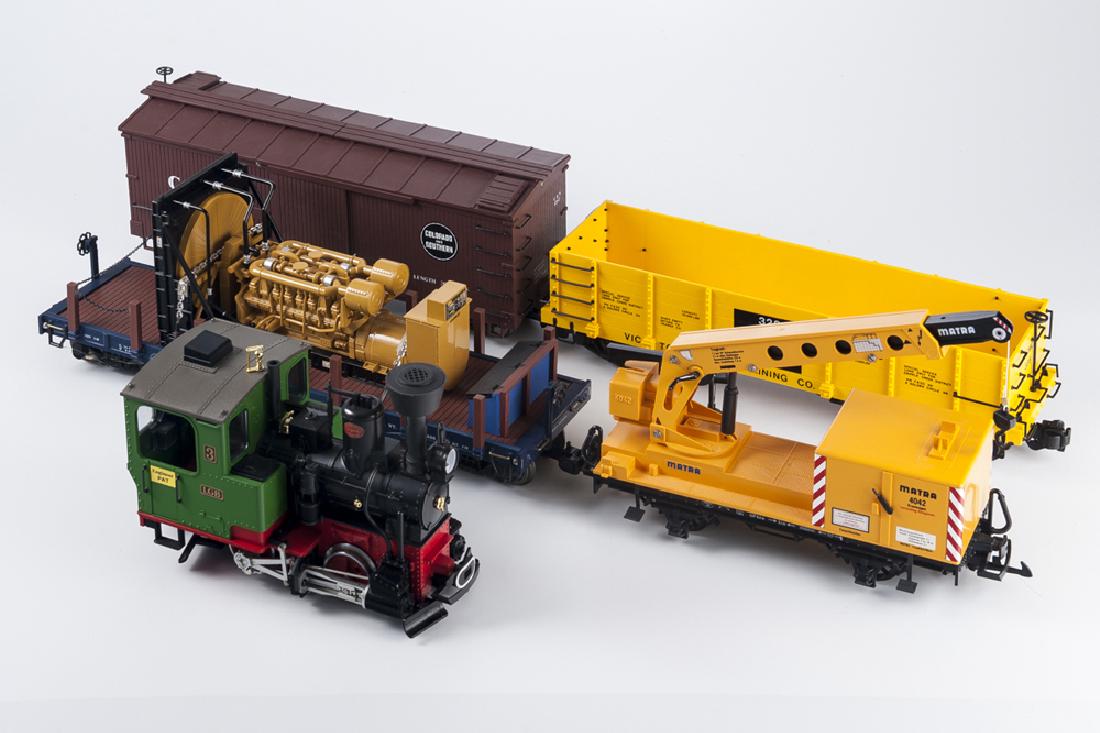 LGB #3 Loco & 5 Cars: DESCRIPTION: G scale locomotive and five G scale cars. LGB #3 locomotive and four brake cars including B&O 46308, C&S 8293, LGB Matra 4042, and Gold Belt Line Victor Gold Mining Company gondola 92328.
