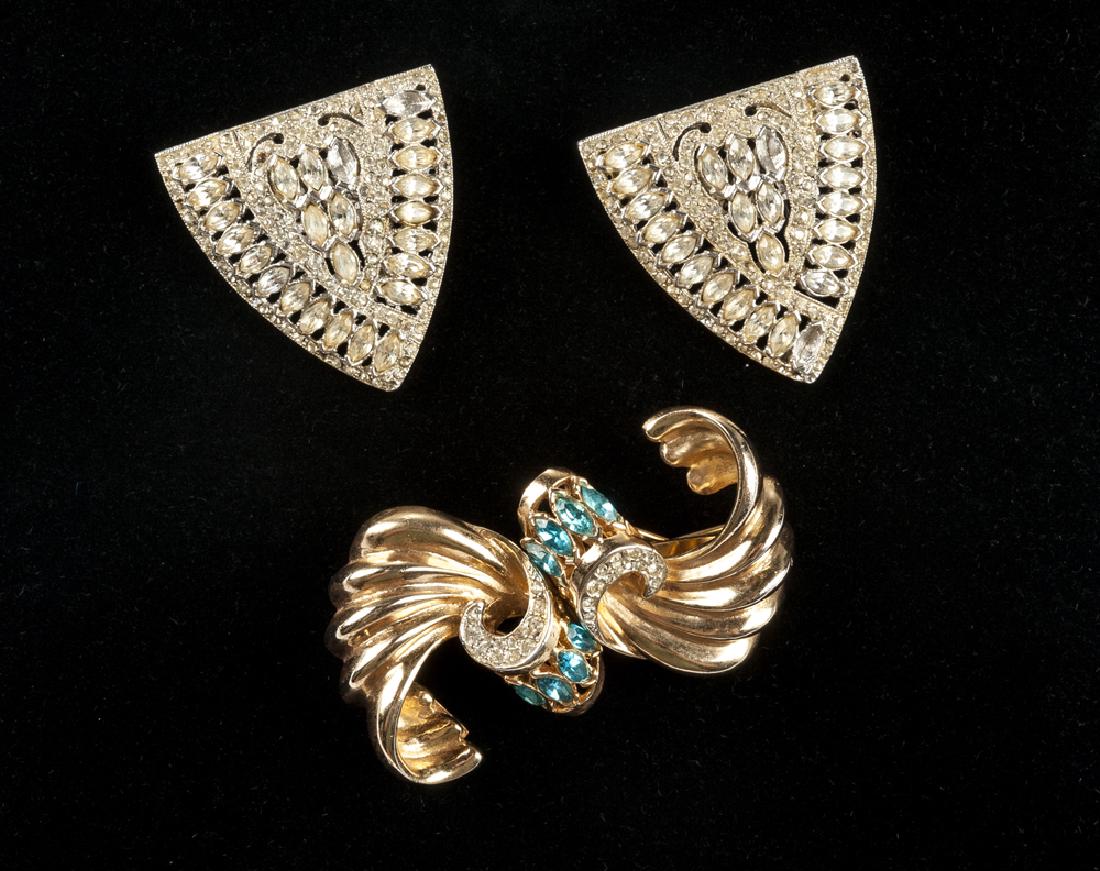 Coro Duette and Shoe Clips: Vintage coro duette, 1-1/4" x 2-1/4". Pair Coro rhinestone shoe clips (missing 4 stones), 1-1/2".