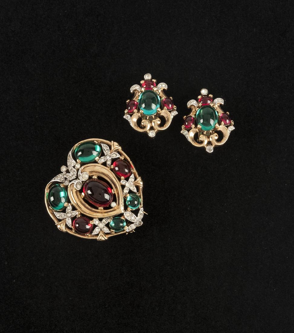 Trifari Glass & Rhinestone Brooch & Earrings (1 of 1)