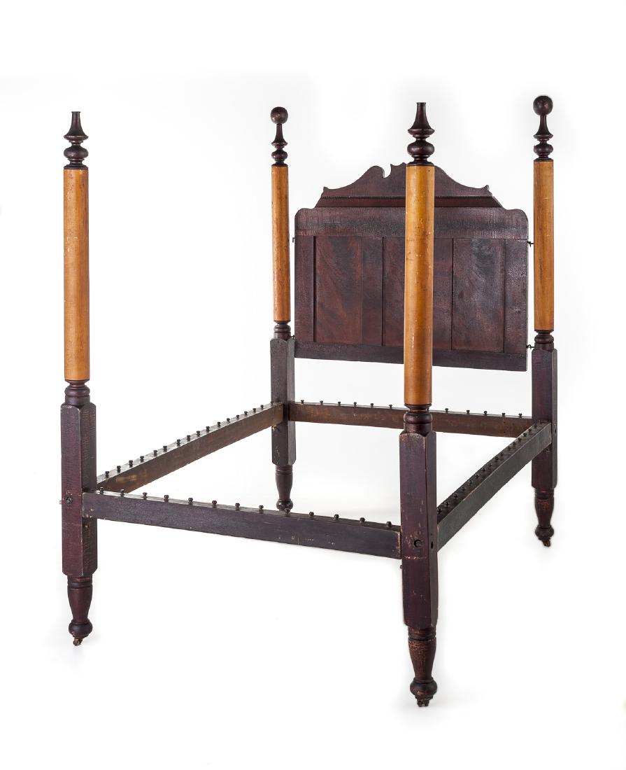 Maple Four Poster Rope Bed: DESCRIPTION: Four poster rope bed with cannonball and vase form tops, maple posts and turned ball feet. Headboard with cutout crest over three shaped panels. Circa 1840 to 1850. MEASUREMENTS: 57-1/2"