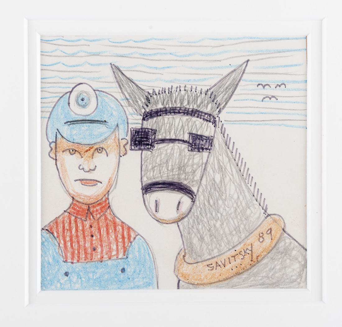 Jack Savitsky (Pennsylvania, 1910-1991): DESCRIPTION: Jack Savitsky (Pennsylvania, 1910-1991). Pencil and crayon drawing on paper. Signed lower right. Matted in wood frame. Savitsky is an American Folk Artist who's works are exhibited in the