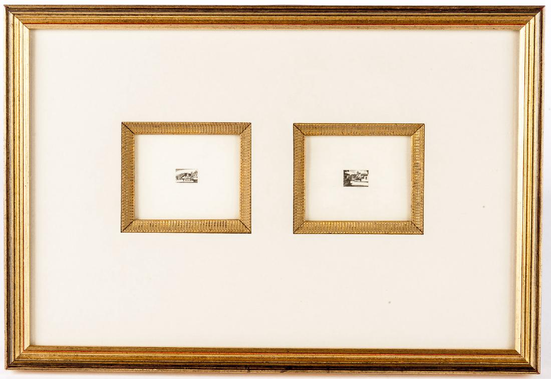John Taylor Arms, Jr. (New England, 1887-1953): DESCRIPTION: John Taylor Arms, Jr (New England, 1887-1953). Two etchings on paper. Includes Triangular Bridge, Crowland, England and Patzcuaro, Michorcan, Mexico. Each signed lower right. Gold frame w