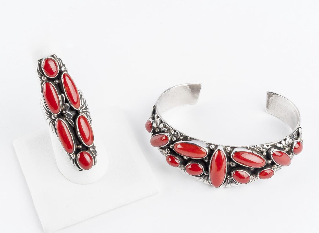Navajo Sterling Coral Bracelet & Ring (1 of 5)