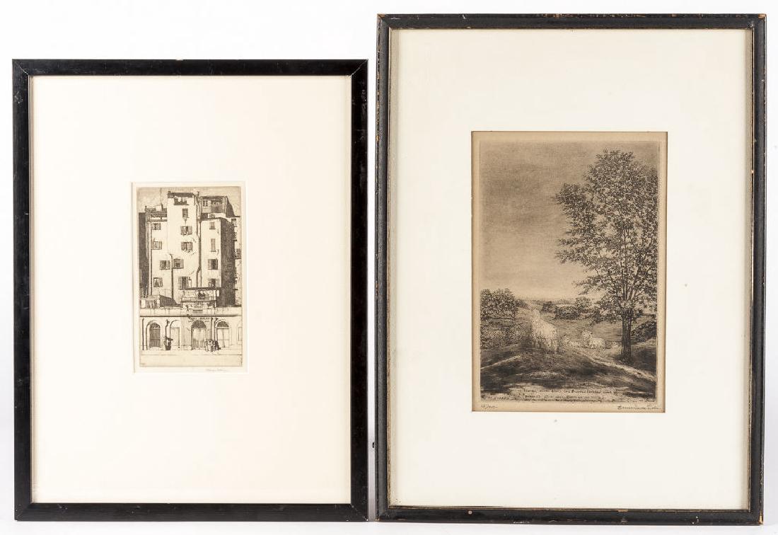 2 Etchings H.G. Warlow & E.H. David Bates: DESCRIPTION: Two etchings on paper. Includes: 1) Herbert Gordon Warlow (British, 1885-1942). Etching on paper titled Tall Houses as noted upon the reverse. Signed lower right. 5-7/8" x 3-1/2". Overall