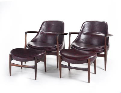 Pr Ib Kofod-Larsen Elizabeth Chairs & Ottomans: DESCRIPTION: A matching pair of Ib Kofod-Larsen Elizabeth chairs and ottomans. Rosewood frames. Dark burgundy upholstery. One ottoman marked under base. Denmark, 1956. MEASUREMENTS: Chairs 30-1/4" x 2