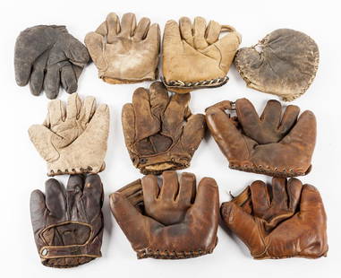 10 Vintage Baseball Gloves: DESCRIPTION: Ten vintage baseball gloves. Circa 1910-1940s. Includes: 1) MacGregor Goldsmith Joe Cronin glove HOF. 2) Reach Joe Cronin glove HOF. 3) Llyod "Sprout" Waner glove HOF. 4) Penant full web