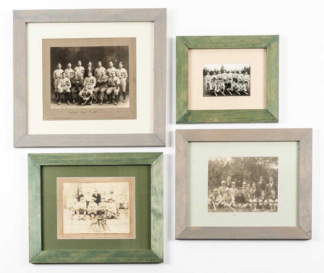 4 Circa 1920s Baseball Photographs: DESCRIPTION: Four circa 1920s black and white images featuring baseball teams. Includes: 1) Image featuring the Upstairs Price baseball team with coach. Green wooden frame with mat and glass. 5-3/4" x