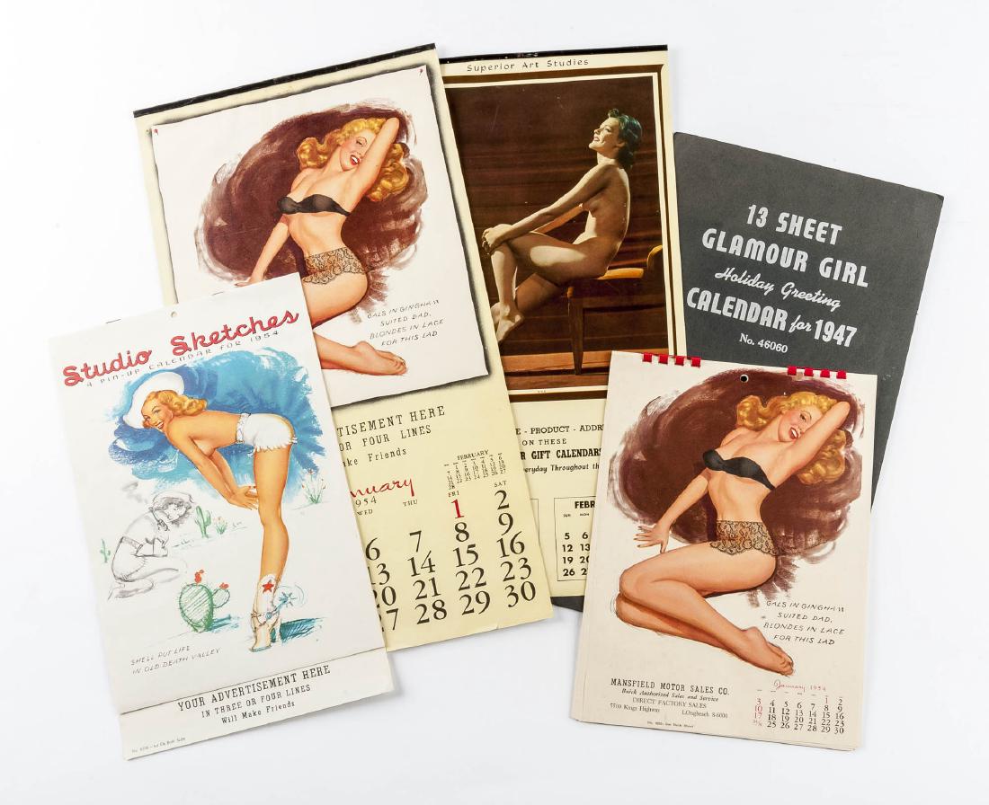 5 Vintage Saleman's Sample Pin-up Calendars: DESCRIPTION: Five vintage salesman's sample pin-up calendars. Includes: 1) 1954 Studio Sketches No. 6596. Three pages with prints on on both sides and cover page. Back cover with Marilyn Monroe. 8" x