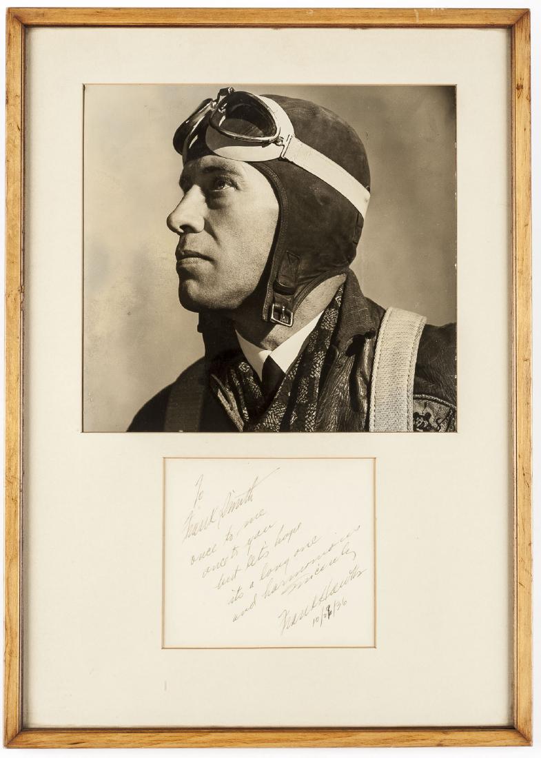Frank Hawks Signed Card w/ Photograph: DESCRIPTION: Frank Hawks signed card with photograph. Card is marked "To Frank Smith once to me once to you but let's hope its a long one and harmonious. Sincerely, Frank Hawks 10/29/36". Wooden frame