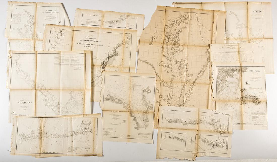 13 1859 U.S. Coastal Survey Maps: DESCRIPTION: Collection of thirteen 1859 United States coastal survey maps from a trigonometrical survey. Includes: St. Mary's River, Maryland; New York Bay and Hudson River; Port Royal Entrance of So