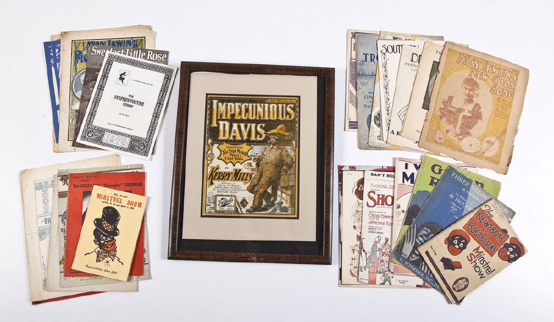 31 Pcs Sheet Music inc Minstrel, Foster, Cake Walk: DESCRIPTION: Collection of thirty-one pieces of vintage sheet music. Includes: 1899 Impecunious Davis characteristic two-step march polka and cake-walk by Kerry Mills; Carolina Lullaby; Two Songs of t