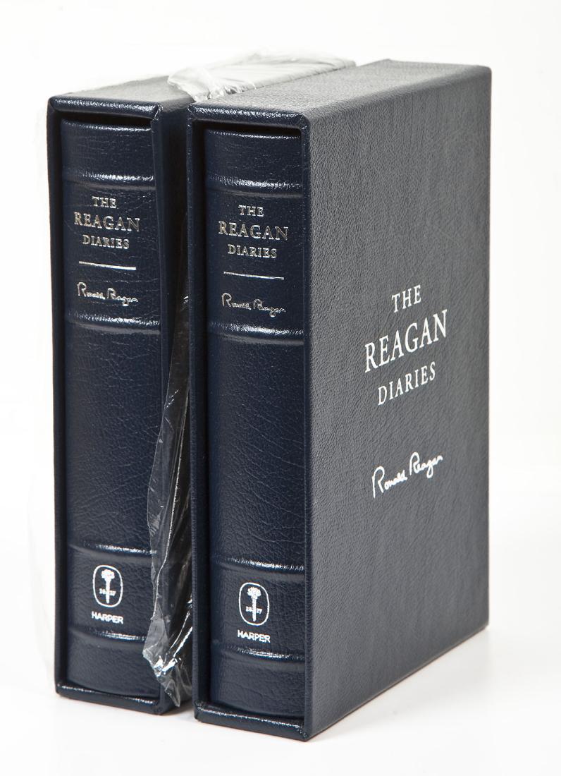 2 Reagan Diaries Signed by Douglas Brinkley: DESCRIPTION: Two copies of the "Reagan Diaries" edited and signed by Douglas Brinkley. Published by Harper Collins in 2007. Collector's leather bound edition printed on acid-free paper with a stamped 