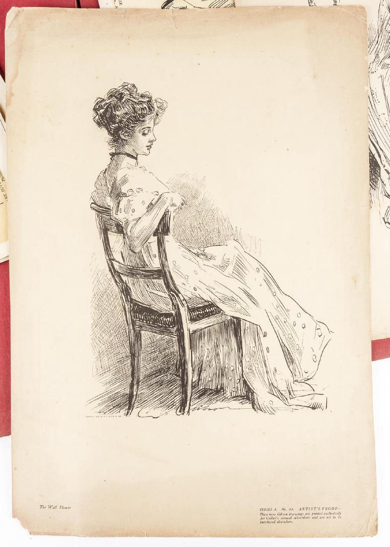 1909 12 New Gibson Girls Hitherto Unpublished: DESCRIPTION: Circa 1909 Twelve New Gibson Girls Hitherto Unpublished. Features eleven loose images housed in a portfolio. MEASUREMENTS: 17" x 12". CONDITION: Wear and undulation to cover with staining