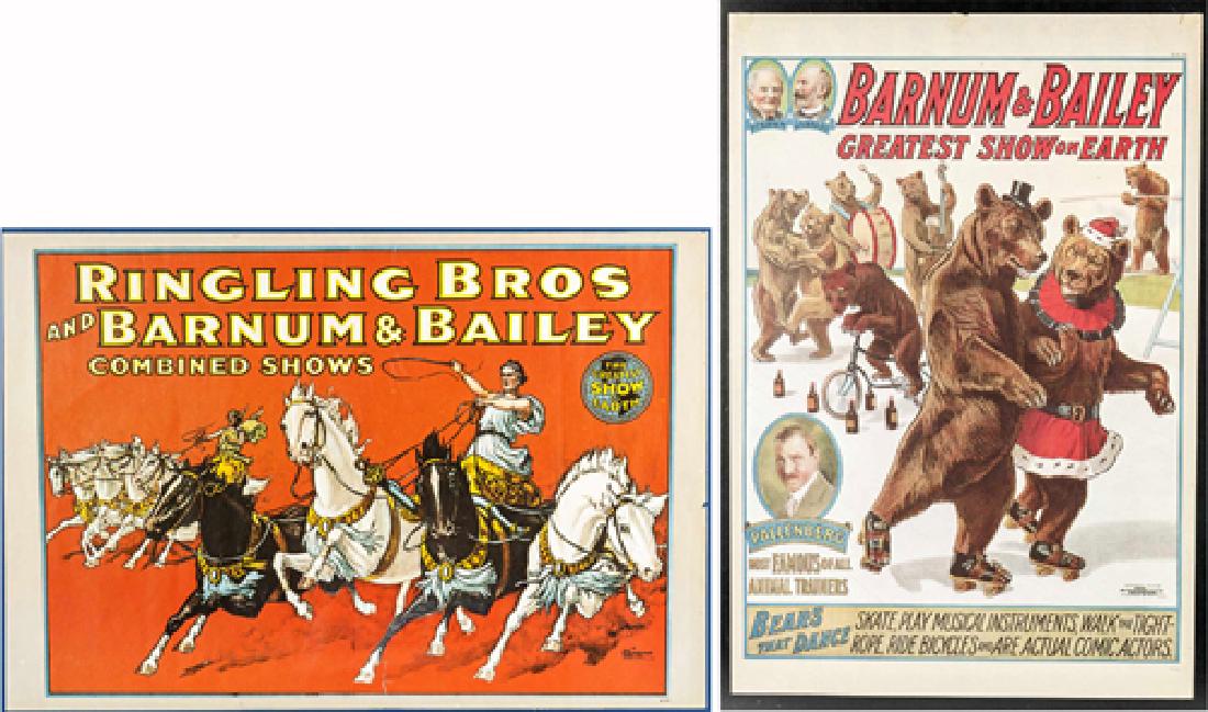 2 Barnum & Bailey Poster Prints: DESCRIPTION: Two Barnum & Bailey poster prints. Includes: 1) Barnum & Bailey Bears That Dance poster print. Copyright 1916 by the Stonebridge Litho Co. Features bears roller skating, riding bicycles,