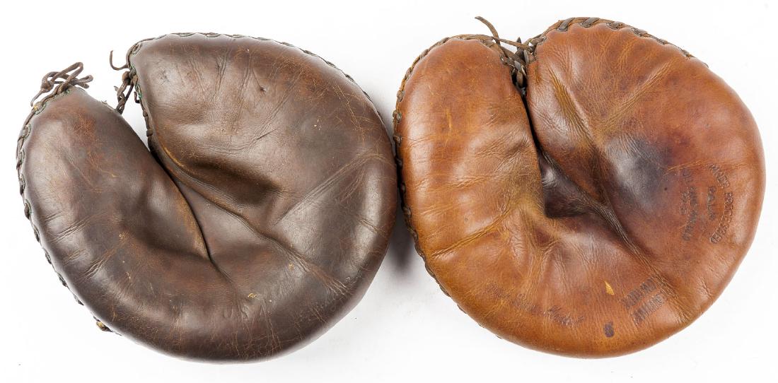 2 1930's Catcher's Mitts incl Mickey Owen: DESCRIPTION: Two 1930's catcher's mitts. Includes: 1) Mickey Owen. Marked "Mickey Owen" below pocket. 2) Hutch Dick Bass buckle back. Marked "Inner Processed Palm Full Hand Molded Pad Genuine Cowhide 