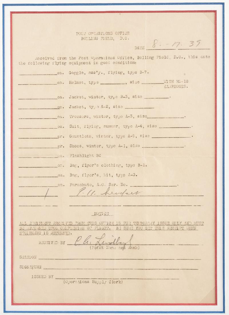 Charles Lindbergh Signed Flying Equipment Receipt (1 of 3)
