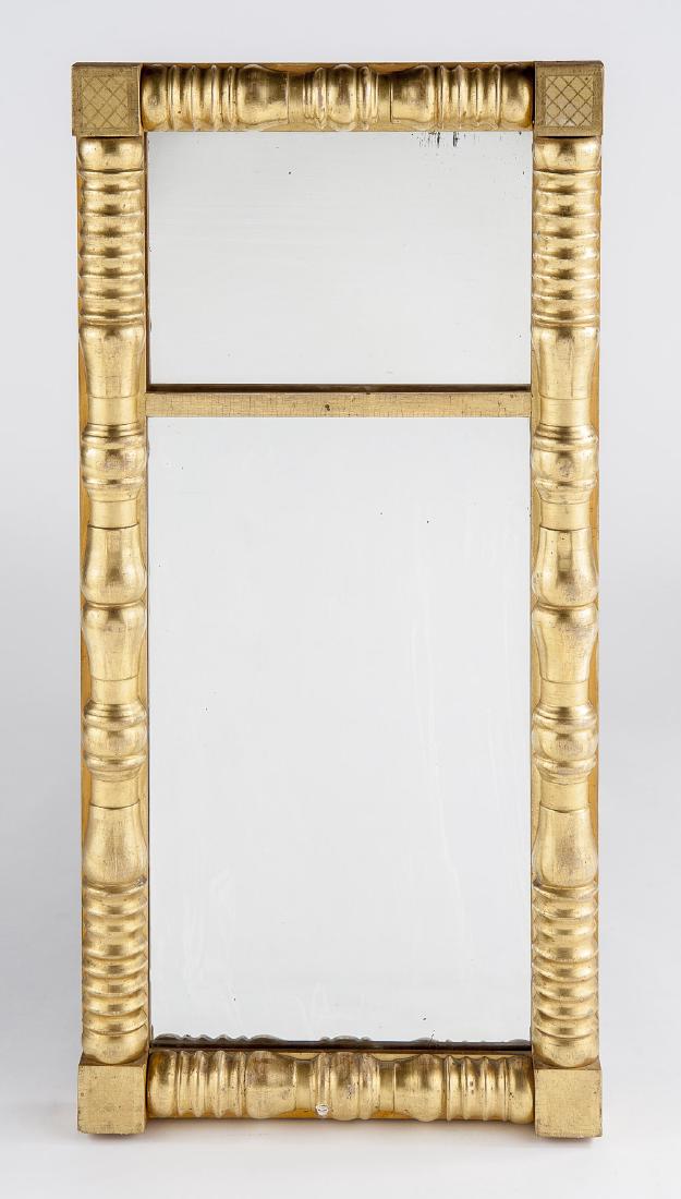 James Todd Gilt Pier Mirror: DESCRIPTION: James Todd gilt pier mirror. Ribbed columns and corners with faint checkered pattern. Label on reverse reads "PORTLAND - LOOKING GLASS MANUFACTORY - JAMES TODD". Early-to-mid 19th century
