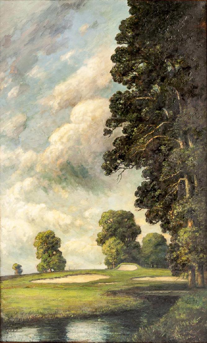 Frederick Leo Hunter (New York, 1858-1943): DESCRIPTION: Frederick Leo Hunter (1858-1943). Oil on canvas. Golf course with golfers. Signed and dated 1916 lower right. Wood frame. Frederick Leo Hunter was known for street scene paintings and etc