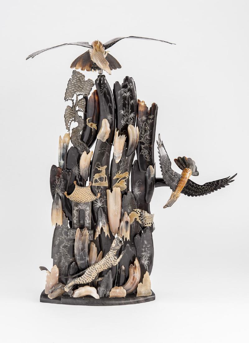 Asian Style Horn Sculpture of Eagles & Tiger (1 of 5)