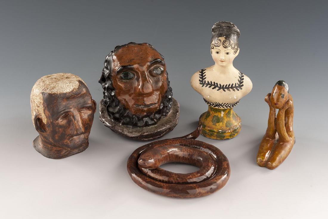5 Pcs of Art Pottery Incl Jugtown: DESCRIPTION: Five pieces of art pottery. Includes: 1) Coiled snake signed "Charles Moore" and stamped "Jugtown Ware 2001." 2" high x 6" diameter. 2) Abstract redware female figure resting with head on