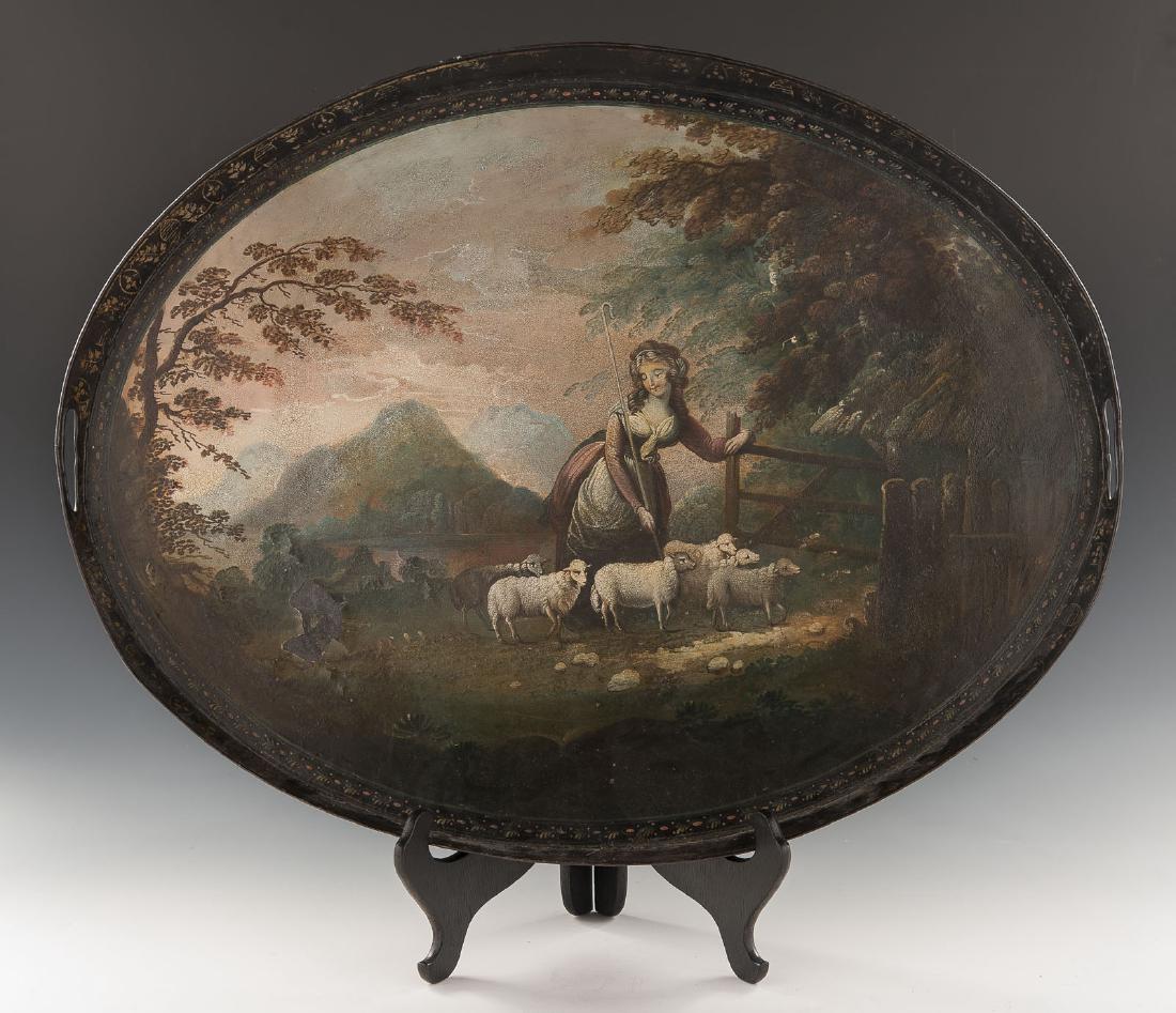 Early 19th C Painted Tole Tray with Pastoral Scene (1 of 6)