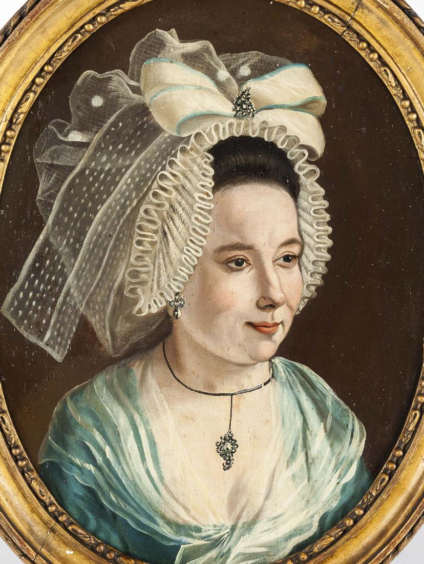 Continental School Portrait (19th Century): DESCRIPTION: Continental School (19th Century). Portrait of a woman. Unsigned. In painted wood frame. MAEASUREMENTS: 18" x 13". Overall with frame 22" x 17-1/2". CONDITION: Craquelure. Soil to top rig